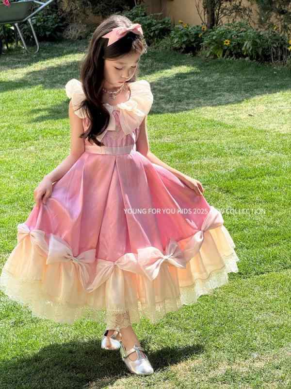 Suits, Tuxedos （Boys） - 女児ドレス 女の子用 夏季 かわいい 子供 ワンピース 無袖 Aライン スカート 蓬蓬スカート プリンセス スカート 蝶結び 装飾 花辺 ピンクパープル 色 柔軟 素材 ポリエステル 繊維 軽量 ふんわり シルエット 3-8歳 向け 誕生日 礼服 通学
