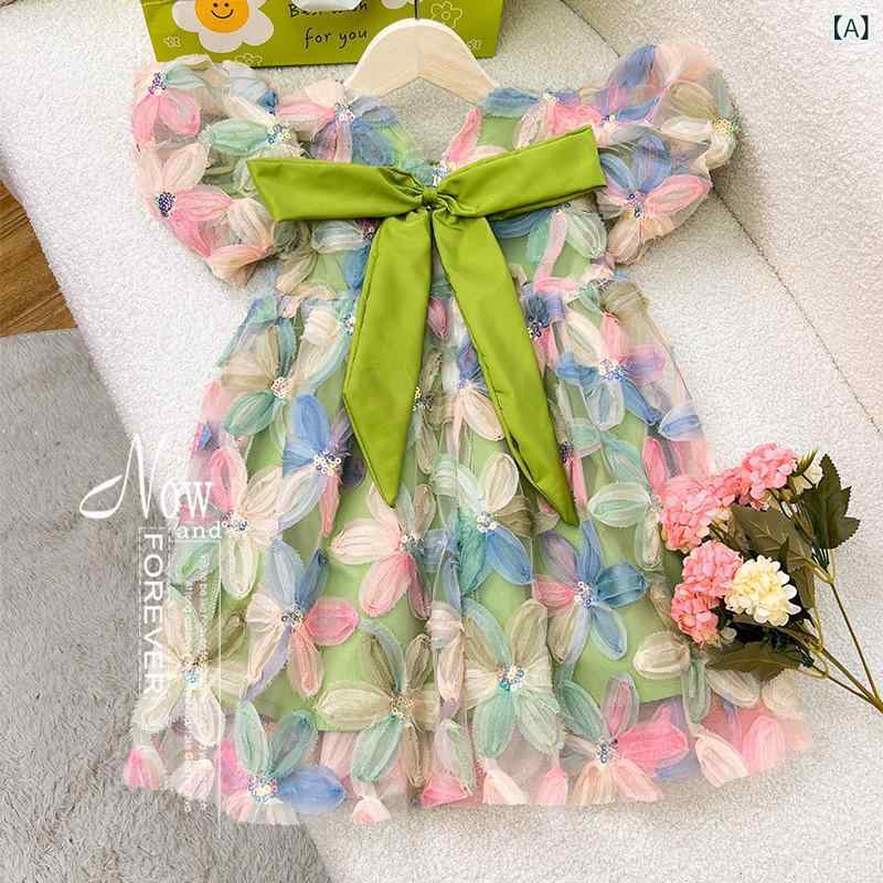 キッズ 女の子 ワンピース 夏 短袖 プリンセスドレス 花柄 チュールスカート 綿 裏地 柔らかい 素材 かわいい デザイン 3～8歳 対応 90～150cm サイズ カラフル ピンク系 アイボリー ビッグシルエット 軽量 通気性 吸湿速乾 普段使い 遊