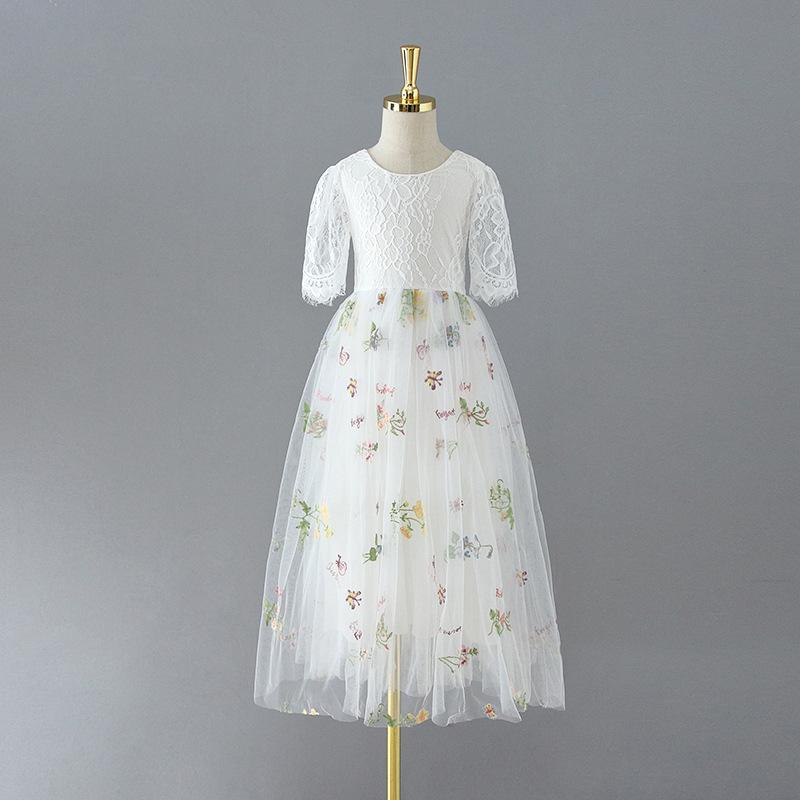 裙套装（女童） - 子供服 女の子用 ワンピース キッズ 春夏 プリンセス ロングドレス レース刺繍 花柄 シフォン 接触冷感 涼しい 通気性 かわいい 卒業パーティー フォーマル トップス 短袖 100%ポリエステル 軽量 白 緑 ピンク 紫 3〜8歳 80〜150cm