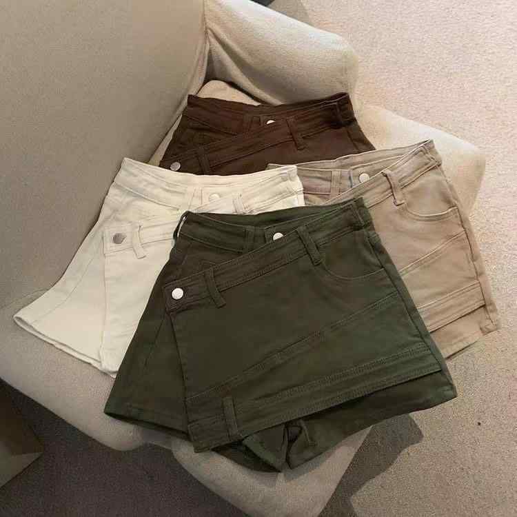 女の子 夏 デニム 短パン 高腰 ゆったり 修身 熱パン スカートパンツ 子供 綿素材 柔らか 純色 田園 カジュアル 普段使い 通学 軽量 伸縮性 吸湿速乾 白色 ベージュ ミリタリーグリーン ブラウン キッズ 女児 中大童 百搭 トレンド