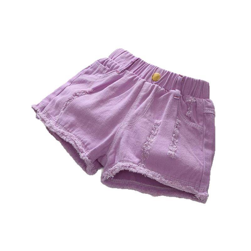 女の子 夏用 デニム ショートパンツ 外穿 子供服 キッズ 韓国風 薄手 綿素材 中腰 破れ加工 柔らかい生地 伸縮性 ブラック ホワイト イエロー パープル ピンク 桃色 ミリタリーグリーン グリーン オレンジ 普段使い 軽量 吸湿速乾 通気性 運動ス