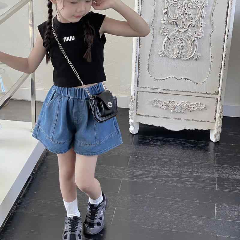 Culottes - 女児 夏用 牛仔 短パン キッズ 女の子 綿素材 95% 柔軟 加工 深青 色 ゆったり ワイド レッグ 韓国風 シンプル 日常 使い 中腰 ゴム ウエスト 3〜8歳 100〜140cm 通気性 軽量 安全 B級 純色 無地 潮感 スタイル