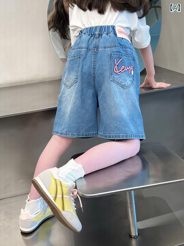 女児 キッズ デニム ショートパンツ 七分丈 中丈 牛仔 中腰 コットン 混紡 柔軟 接...