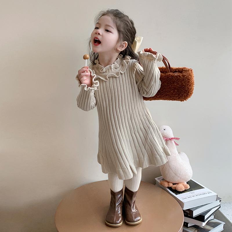 女児 秋冬 ワンピース 子供 純色 フリル ニット プリンセスドレス 韓版 毛糸 スカート 長袖 丸首 綿 素材 普通厚 3〜8歳 100〜140cm 米色 かわいい デザイン 伸縮性 暖かみ 通年対応 柔らかい 着心地
