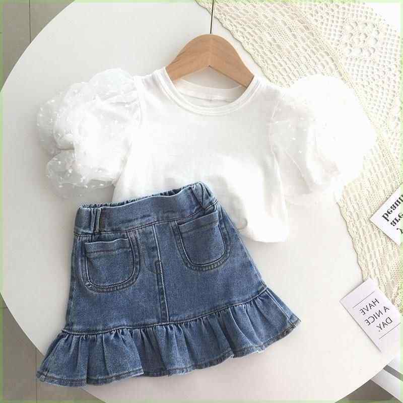 女児 スカート 夏用 デニム ミニスカート 魚尾 半身スカート キッズ 女の子 かわいい 荷叶边 フレア スカート A字型 綿 素材 接触冷感 軽量 通気性 ピュアカラー 天藍色 アイスブルー ポケット付き 韓国風 スタイル ベビー 幼児 普段使い 春夏