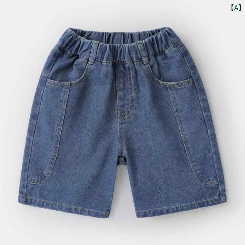 乐天商城 - キッズ 男女兼用 牛仔パンツ 夏用 綿素材 デニム中長 5分丈 ミッドライズ ライトブルー 伸縮性 吸湿速乾 軽量 動きやすい 普段使い 子供服 ユニセックス ブルー系 カジュアル スポーツ要素 3〜8歳 100〜140cm