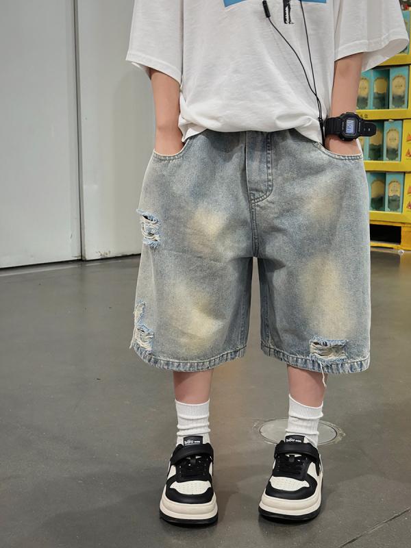 男の子 キッズ デニム 短パン 夏用 子供 薄手 中長 ハーフパンツ 綿素材 柔らかい コットン 95% 純色 ブルー 中腰 伸縮性 軽量 吸湿速乾 通気性 普段使い 遊び着 カジュアル ストリートスタイル 3〜8歳 100〜140cm