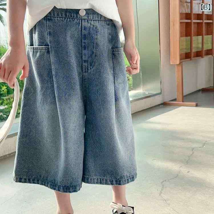 女児 牛仔 七分 クロップドパンツ 夏 涼しい 綿混紡 ポリエステル 柔らかい 素材 ...