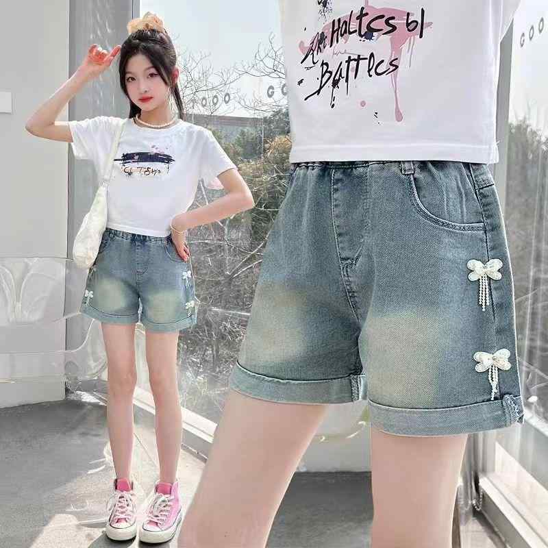 Culottes - キッズ 女の子 デニム ショートパンツ 夏 綿素材 柔軟 薄手 軽量 百搭 切り替え デザイン 純色 紫色 ハート モチーフ 蝶結び 飾り 中腰 ゴム腰 ポケット 付き 100cm 110cm 120cm 130cm 140cm 150cm 160cm