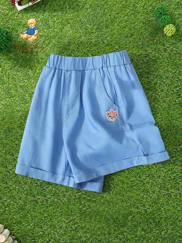 女児用 牛仔 ショートパンツ 中小童 夏 レイヨン 100% 接触冷感 軽量 伸縮性 ミッドライズ ゴムウエスト イージーパンツ 純色 デニムブルー かわいい 普段使い 部屋着 アウトドア 通勤 ビッグシルエット ハイウエスト 吸湿速乾