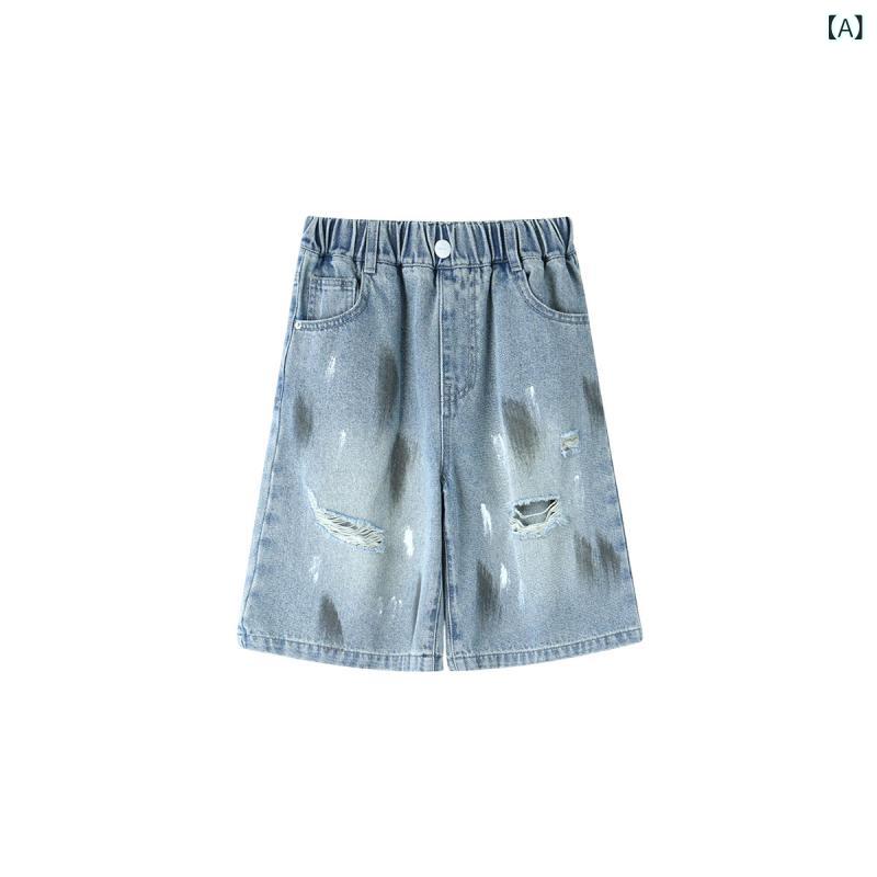Culottes - 女の子 デニム ショートパンツ 春夏 破れ加工 中腰 綿混 ポリエステル 再生繊維 伸縮性 軽量 普段使い 遊び着 カジュアル かわいい ブルー系 女児 キッズ 子供用 涼しい 通気性 快適