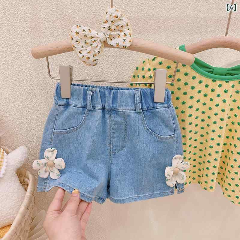 Culottes - 女児 デニム ショートパンツ 女の子 夏用 かわいい 綿 素材 花柄 ピンク 緑 花柄 レース 切り替え 酵素洗い 伸縮性 吸湿速乾 通気性 軽量 ミッドライズ 伸縮ウエスト 3〜8歳 90〜140cm サイズ 子ども 夏服 カジュアル 普段使い