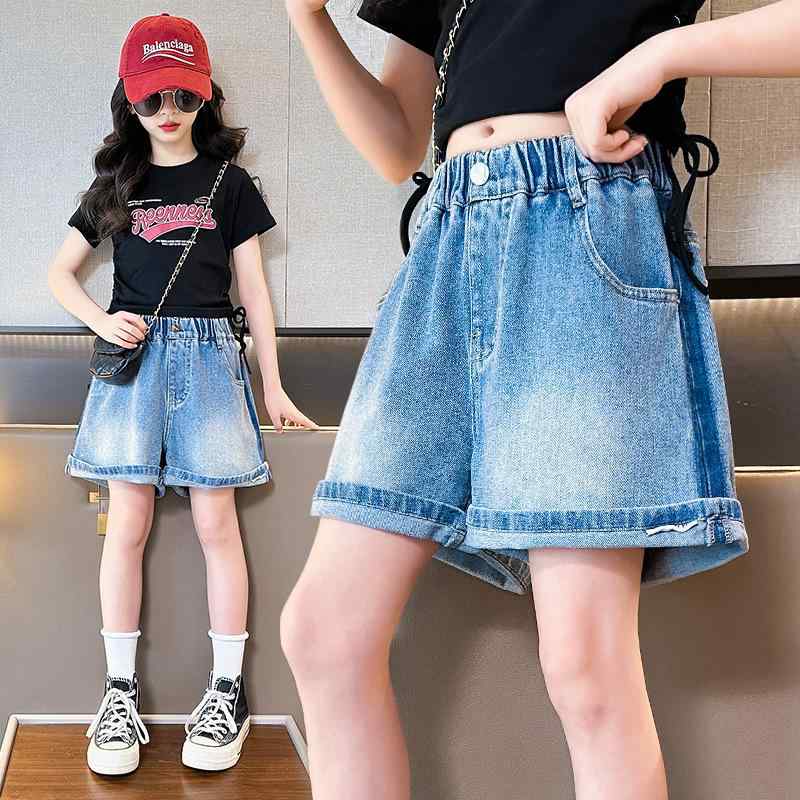 Culottes - 女児 デニム ショートパンツ キッズ 女の子 春夏 軽量 通気性 綿 柔軟 加工 高腰 切り替え デザイン ブルー シンプル スタイル