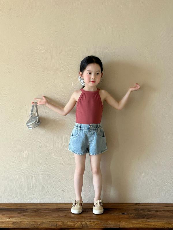 Culottes - 女児 デニム ショートパンツ 子供用 女の子 2-7歳 夏用 韓国風 ホットパンツ 外穿 デニムパンツ 綿素材 柔軟 ミッドライズ ブルー 100-140cm 対応 軽量 伸縮性 吸湿速乾 通気性 普段使い カジュアル ビッグシルエット シンプル デザイ