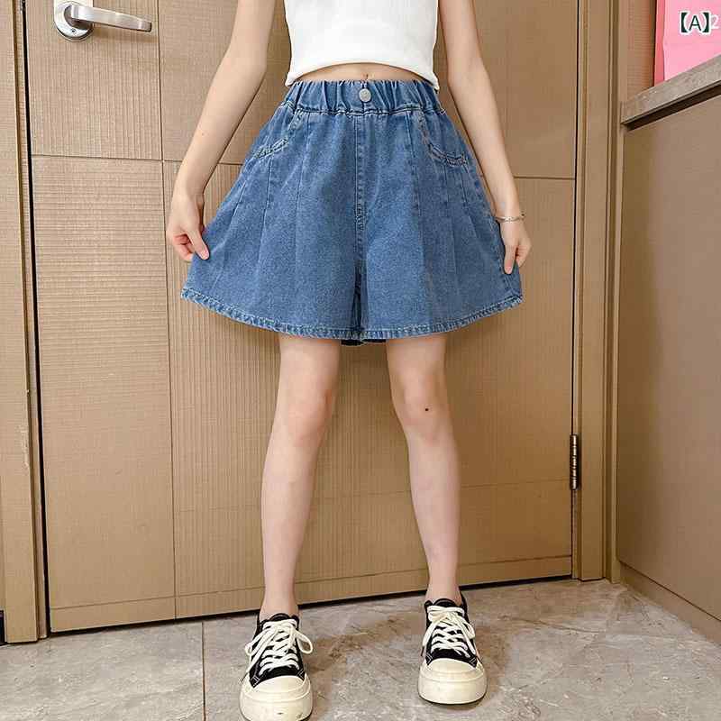 Culottes - 女児 デニム スカートパンツ 夏用 かわいい 綿 接触冷感 短パン ハイウエスト 伸縮性 吸湿速乾 軽量 薄手 ブルー 120cm 130cm 140cm 150cm 160cm 170cm 韓風 運動スタイル 柔らかい素材 子供服 通学 普段使い 外遊