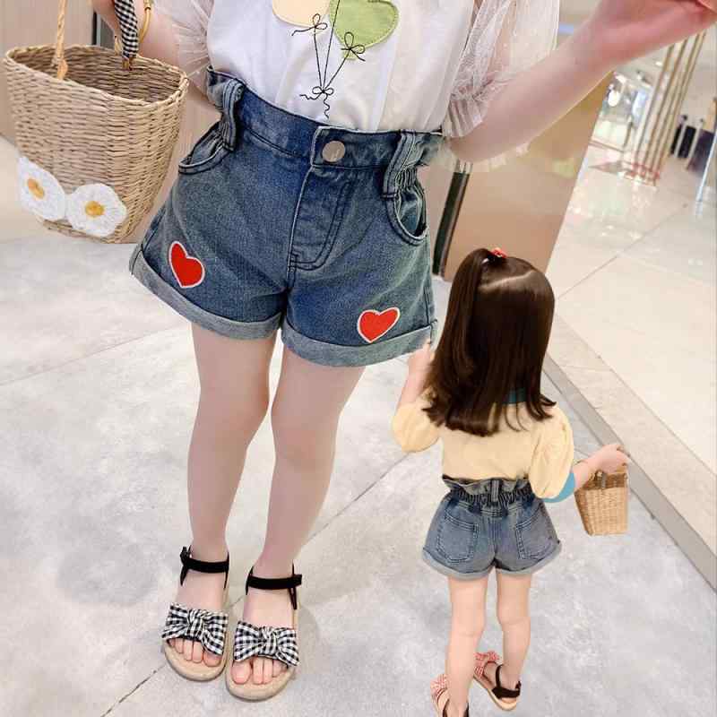 Culottes - 女児 ハート デニム ショートパンツ 夏 かわいい 高腰 熱パン 綿 柔軟 接触冷感 軽量 伸縮性 ピンク系 アイボリー 普段使い 遊び着 3-8歳 女の子