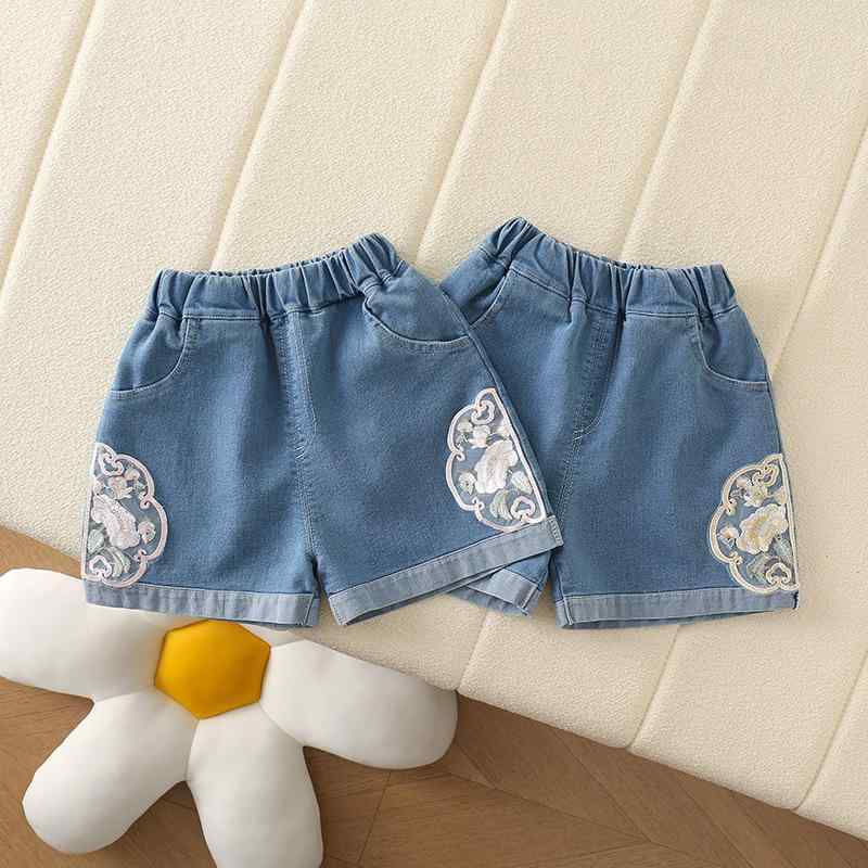 女児用 牛仔 短パン キッズ 夏 ショートパンツ 女の子 薄手 綿混紡 国風 韓国風 ゆったり シルエット 軽量 吸湿速乾 かわいい 普段使い 遊び着 ベビー 1-3歳 80-130cm ブルー イエロー カジュアル