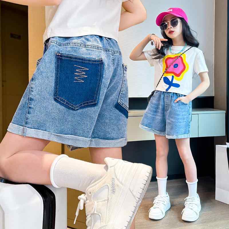 Culottes - 女児 デニム ショーツ 女の子 キッズ 春夏 夏用 軽量 透気性 綿素材 柔軟 加工 高腰 ブルー かわいい 普段使い 遊び着 伸縮性 通気 快適 切り替え デザイン 子供服 女児用 短パン デニムパンツ ビッグサイズ 対応