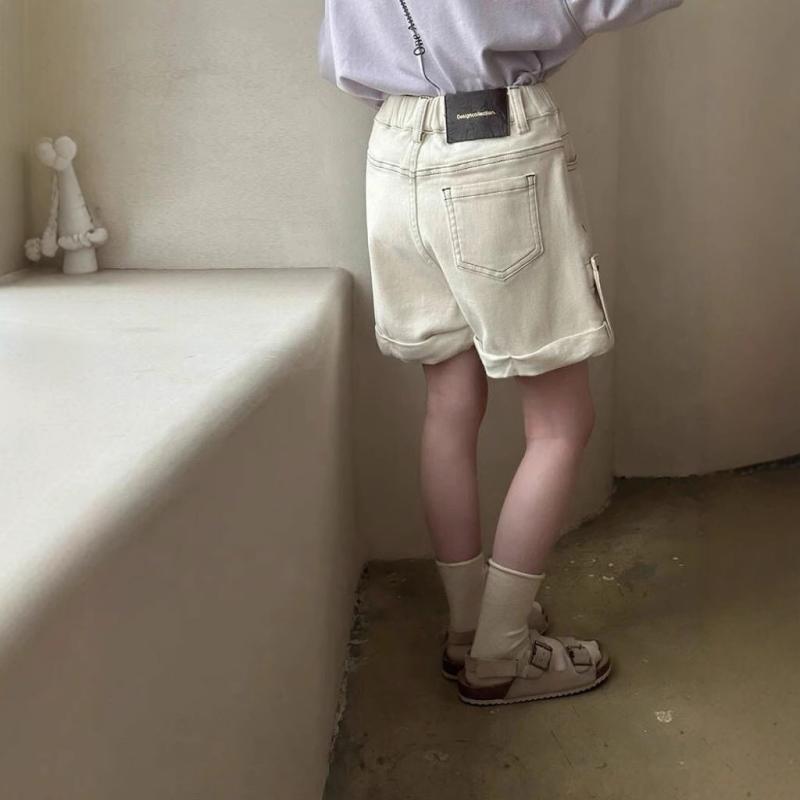 Culottes - 女の子 デニム ショートパンツ 巻き縁 綿素材 夏用 純色 中腰 伸縮性 軽量 通気性 かわいい ミッドライズ コットン 女児 120-170cm 対応 シンプル 英国風 スポーツ