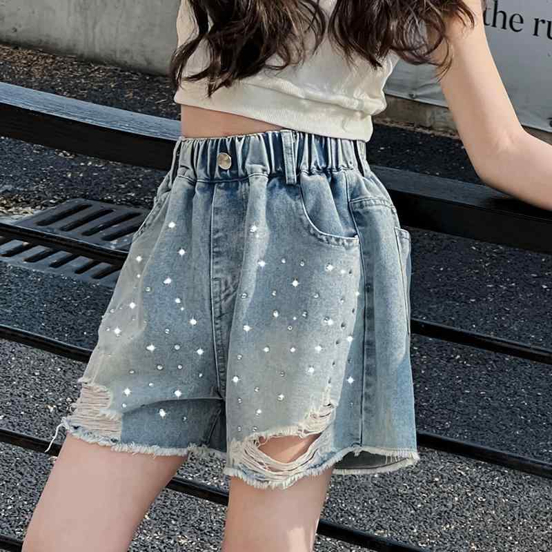 女児 デニム ショーツ キッズ 牛仔 短パン 夏用 女の子 子供服 高腰 薄手 綿 素材 柔軟 加工 酵素洗い 破れデザイン ラインストーン 装飾 ブルー 純色 軽量 伸縮性 吸湿速乾 普段使い カジュアル トレンド ヒップホップ スタイル 遊び着