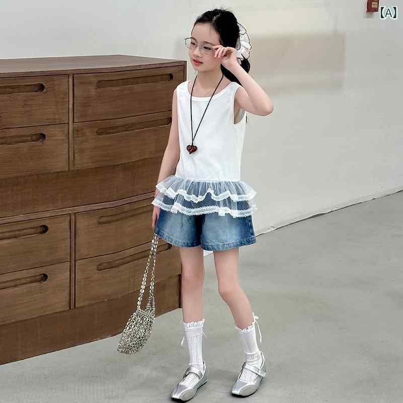 Culottes - 女児 牛仔 短パン 夏 高腰 ワイドレッグ ルーズフィット スリム 立体リボン デザイン 綿素材 柔軟 接触冷感 切り替え ピュアカラー スポーツ 韓国風 通学 普段使い 軽量 伸縮性 かわいい ベビー キッズ 女の子