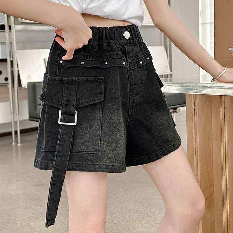 Culottes - 女児 短パン 夏用 中大童 作業着風 デニムパンツ 綿素材 柔軟 純色 ブラック 中腰 伸縮性 軽量 普段使い かわいい カジュアル 子供服