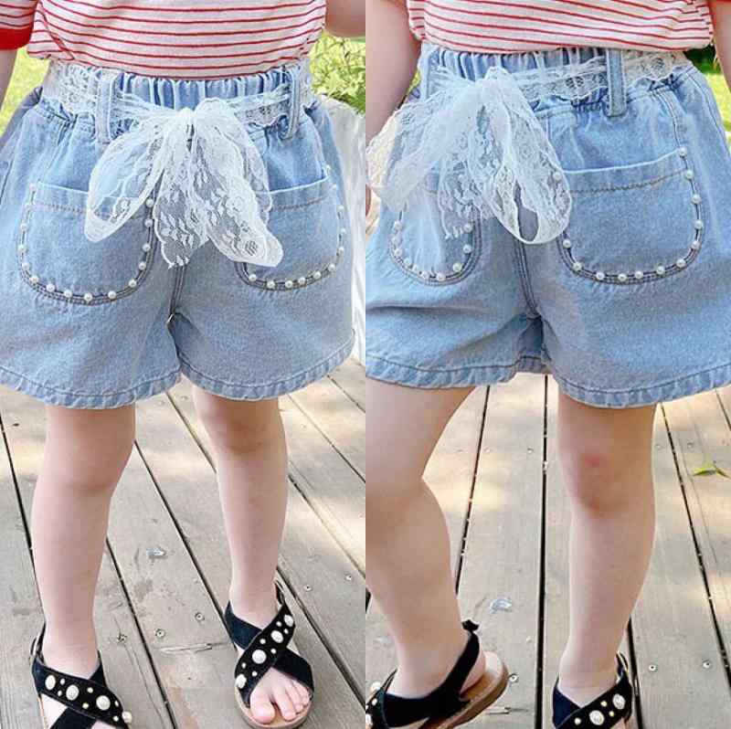 女の子 牛仔 ショートパンツ 子供 夏用 かわいい レース ウエストベルト 綿素材 柔軟 ミッドライズ ピュアカラー 3-8歳 女児 通気性 軽量 普段使い カジュアル