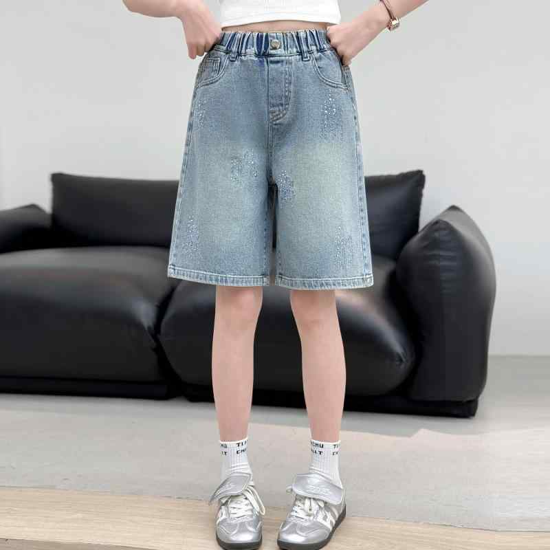 Culottes - 女児用 牛仔パンツ 夏用 キッズ 女の子 中大童 ワイドシルエット 5分丈 中腰 伸縮性 綿素材 柔軟 ブルー 普段使い 休日外出 軽量 通気性