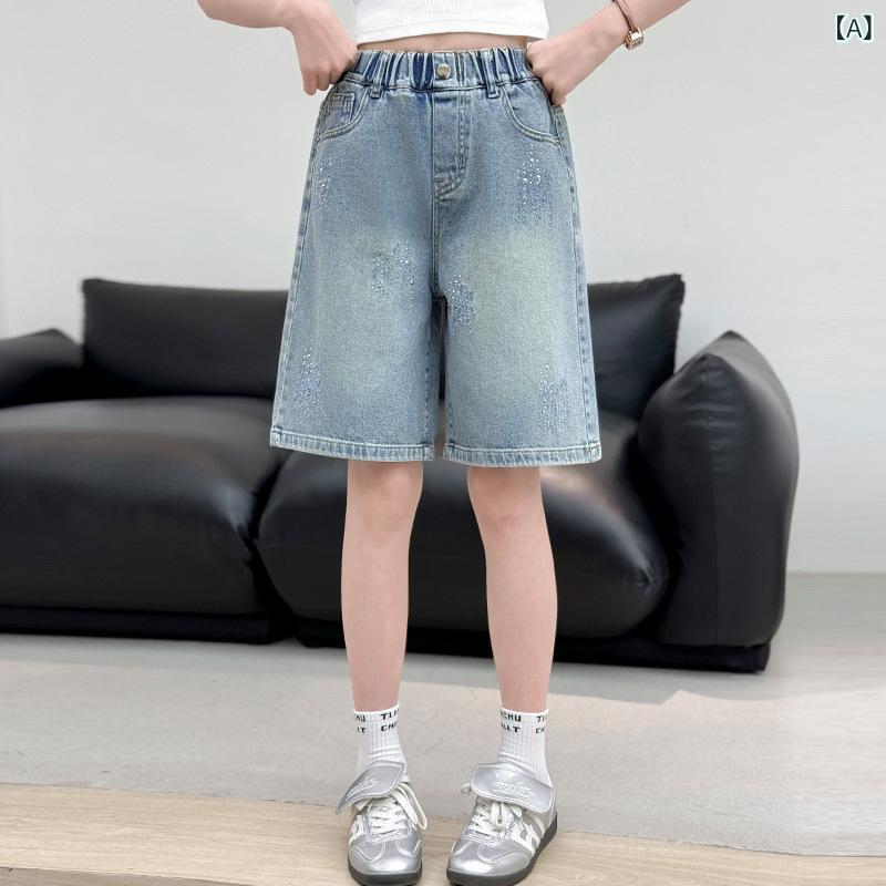 女児用 牛仔パンツ 夏用 キッズ 女の子 中大童 ワイドシルエット 5分丈 中腰 伸縮...