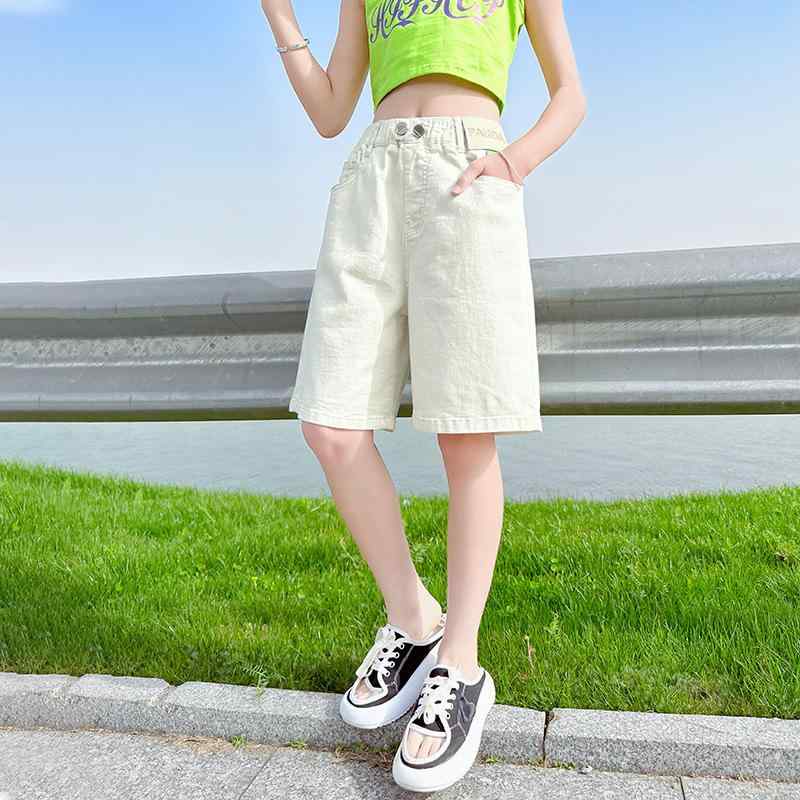 女児 デニム ショートパンツ 夏用 薄手 綿素材 柔軟 接触冷感 ミッドライズ ゴムウエスト ブラック ホワイト ピュアカラー 軽量 伸縮性 吸湿速乾 120cm 130cm 140cm 150cm 160cm 170cm かわいい 普段使い 部屋着 ア