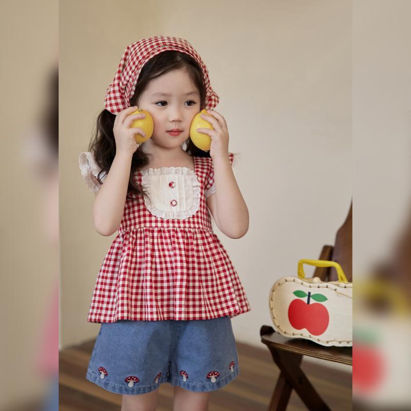 Culottes - 女児 セットアップ 夏 子供 かわいい 格子柄 トップス 綿 薄手 牛仔 ショートパンツ 3分丈 プリンセススタイル 安全 吸湿速乾 赤 柄 女の子 幼児 大きめサイズ 通年 普段使い 軽量 伸縮性 接触冷感 再生繊維 ビッグシルエット