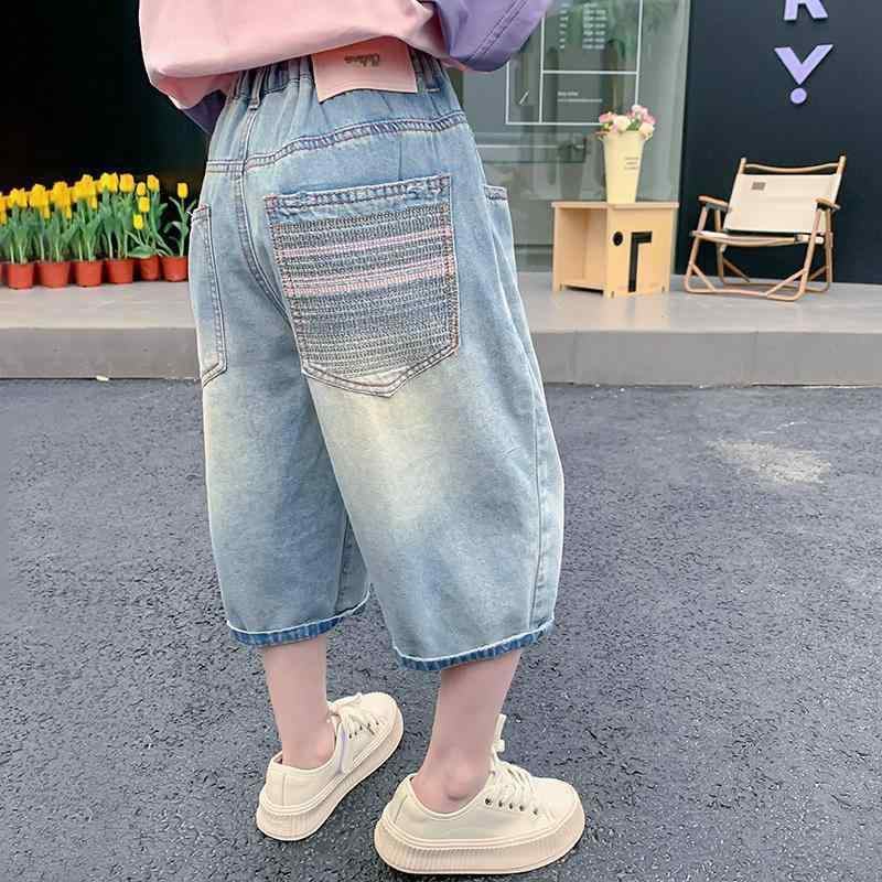 女児 春夏 七分丈 牛仔パンツ 子供 女の子 中大童 夏用 薄手 綿素材 デニム ミッドライズ ブルー 軽量 伸縮性 吸湿速乾 普段使い カジュアル 韓国風 膝上丈 成長用 110cm 120cm 130cm 140cm 150cm 160cm 対応