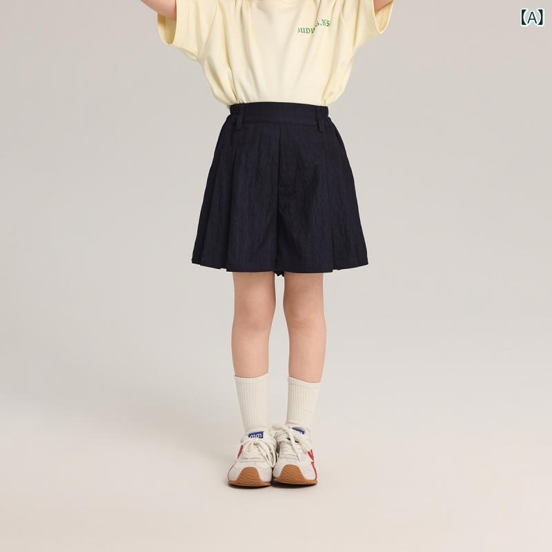 女児 ショートパンツ 夏 レディースキッズ 中大童 薄手 純色 デニム風 コットン 粘繊 綿混 柔軟素材 軽量 伸縮性 吸湿速乾 接触冷感 ゆったりシルエット 中腰 ゴムウエスト ブルー かわいい スポーツスタイル 普段使い