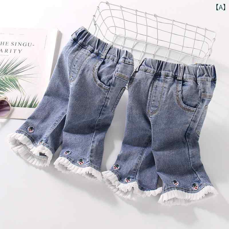 Culottes - 女児用 牛仔パンツ 七分丈 夏用 子供服 女の子 薄手 伸縮性 コットン混 酵素洗い レース刺繍 花辺 開脚可能 中腰 マイクロフレア かわいい ライトブルー デニム 普段使い 通学 伸縮素材 快適 吸湿速乾 軽量 欧米風 トレンド