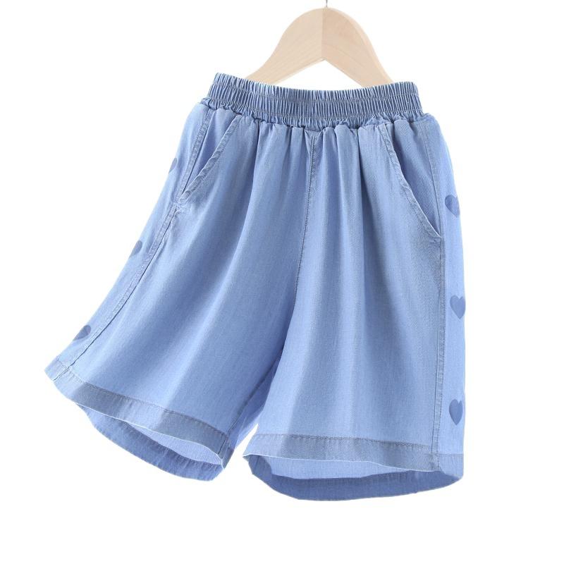 Culottes - 女の子 短パン 夏用 子供 レイヨン デニム 薄手 キャミソール スタイル レジャーパンツ 5分丈 低腰 ゴムバンド 登山風 軽量 吸湿速乾 接触冷感 かわいい プリント ライトブルー ダークブルー グレー 3〜8歳 中大童 100〜170cm