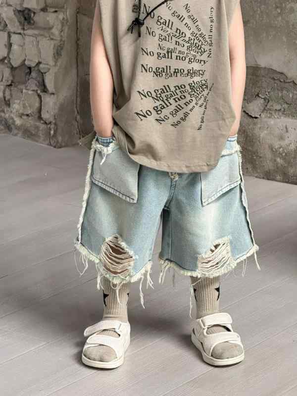 キッズ 男女兼用 韓風 夏用 牛仔 デニム ショートパンツ 五分丈 中腰 柔軟素材 綿100% 浅ブルー ライトブルー ストリートスタイル 潮 子供 3-8歳 90-140cm 接触冷感 吸湿速乾 軽量 伸縮性 カジュアル 普段使い アウトドア 遊び着