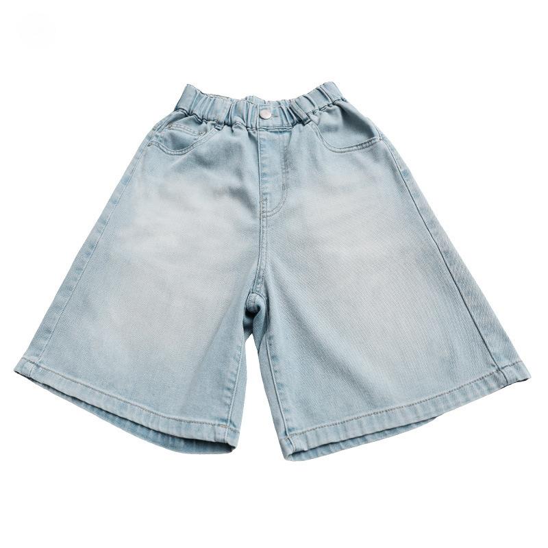 Culottes - 女児 デニム ショーツ 夏用 綿 中長 5分丈 高腰 薄手 軽量 柔軟 接触冷感 吸湿速乾 カジュアル ブルー かわいい 普段使い 子供服 女の子 8歳以上 140cm以上