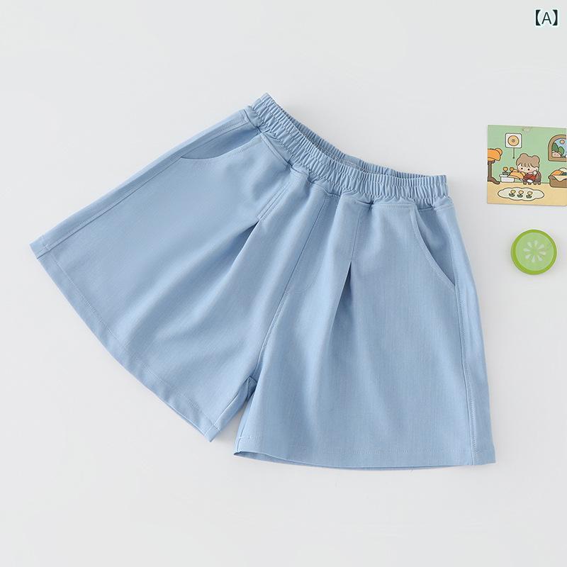 Culottes - 女児 ショーツ 夏 レディースキッズ 薄手 天絲 デニム 半丈 スカートパンツ 韓国風 ファッション かわいい 柔軟 ポリエステル 混紡 伸縮性 ミッドライズ ライトブルー ダークブルー 純色 春夏 通学 普段使い 軽量 接触冷感 再生繊維