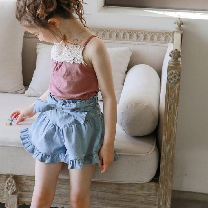 女の子 スカートパンツ デニム 短パン コットン 柔らかい 接触冷感 プリンセス デザイン 蝶結び 系紐 フリル ミッドライズ 深青 ライトブルー 通年 かわいい 普段使い 軽量 伸縮性 吸湿速乾