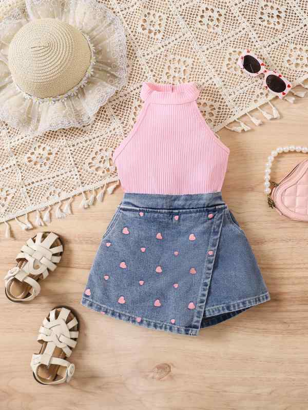 女の子 子供服 セット トップス 無袖 ピットストライプ コットン 素材 吸湿速乾 かわいい ハート プリント ボトムス 不規則 ヘム デニム ショートパンツ ピンク ホワイト ブラック ローズピンク 春夏 秋 シーズン 軽量 通気性 普段使い 3～8歳