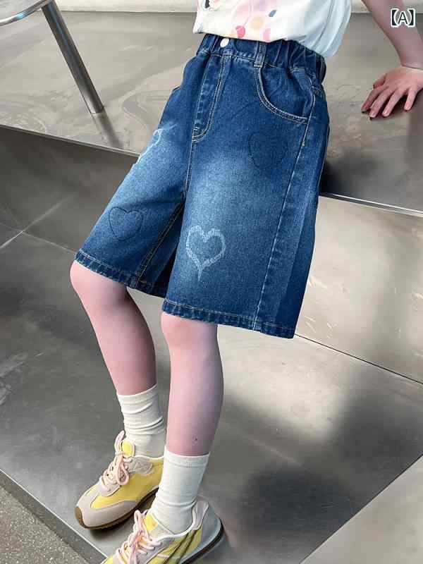 女児 デニム ショートパンツ キッズ 女の子 中大童 夏 5分丈 中腰 綿混紡 柔軟 牛...