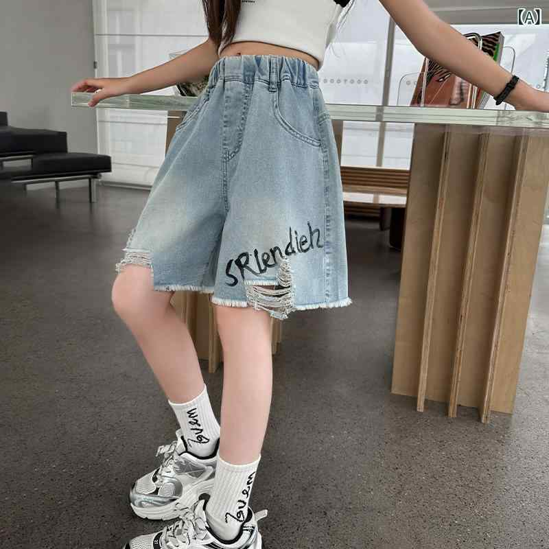 褲裙 - 女児 夏季 牛仔 ショートパンツ 女童 夏服 5分丈 デニム ショーツ 中大童 高腰 韓国風 柔軟 酵素洗い 字母プリント トレンド 糖果カラー ポリエステル 吸湿速乾 軽量 伸縮性 普段使い 遊び着 ビッグシルエット アイボリー ピンク系