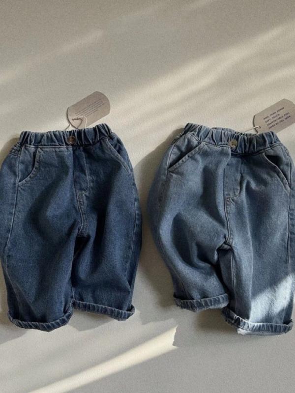 ベビー 男女兼用 コットン デニムパンツ 長ズボン 伸縮性 柔らかい素材 無地 ミッドライズ ゴムウエスト ベーシック 日常使い 軽量 春秋 ネイビー ライトブルー 赤ちゃん 幼児 80cm 90cm 100cm