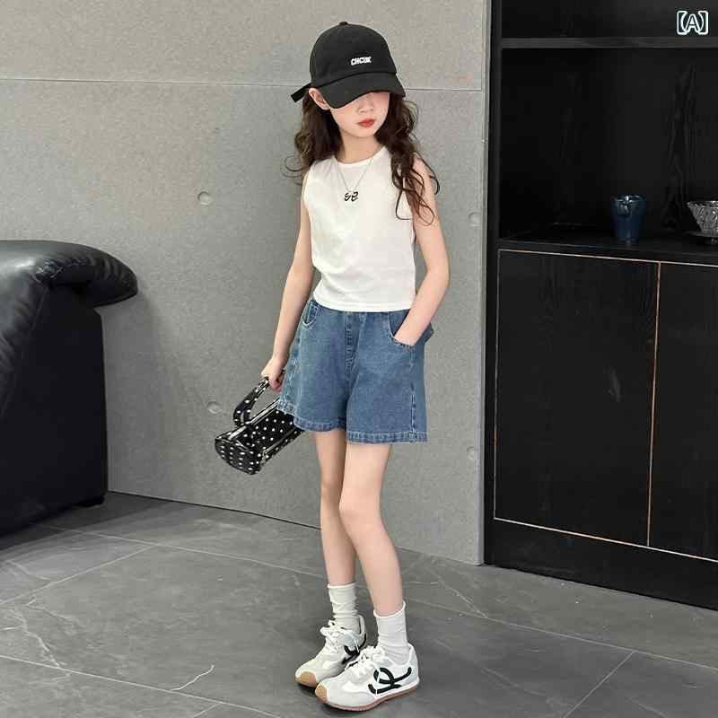 Culottes - 女の子 トップス 無袖 上衣 牛仔 短パン セット 綿 素材 柔らかい 生地 夏 子供服 かわいい 韓国風 スタイル 蝶結び デザイン 中腰 ラフ 普段使い 潮 ファッション 8歳以上 120cm から 170cm 対応