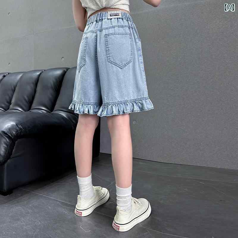 Culottes - 女児 夏用 デニム ショートパンツ キッズ 女の子 中大童 韓国風 ワイドレッグ 綿 接触冷感 ブルー ソフト ミッドライズ スポーツ 普段使い 軽量 通気性