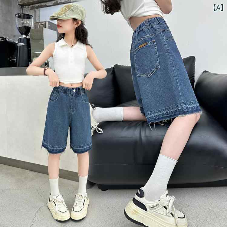 女児 デニム ショートパンツ 夏 春夏 子供 女の子 中大童 5分丈 薄手 ゆったり ポリエステル デニム布 柔らかい 酵素洗い ミディアムウエスト ゴムウエスト 純色 毛羽立ち デザイン 軽量 伸縮性 吸湿速乾 通学 普段使い 遊び着 120cm 13
