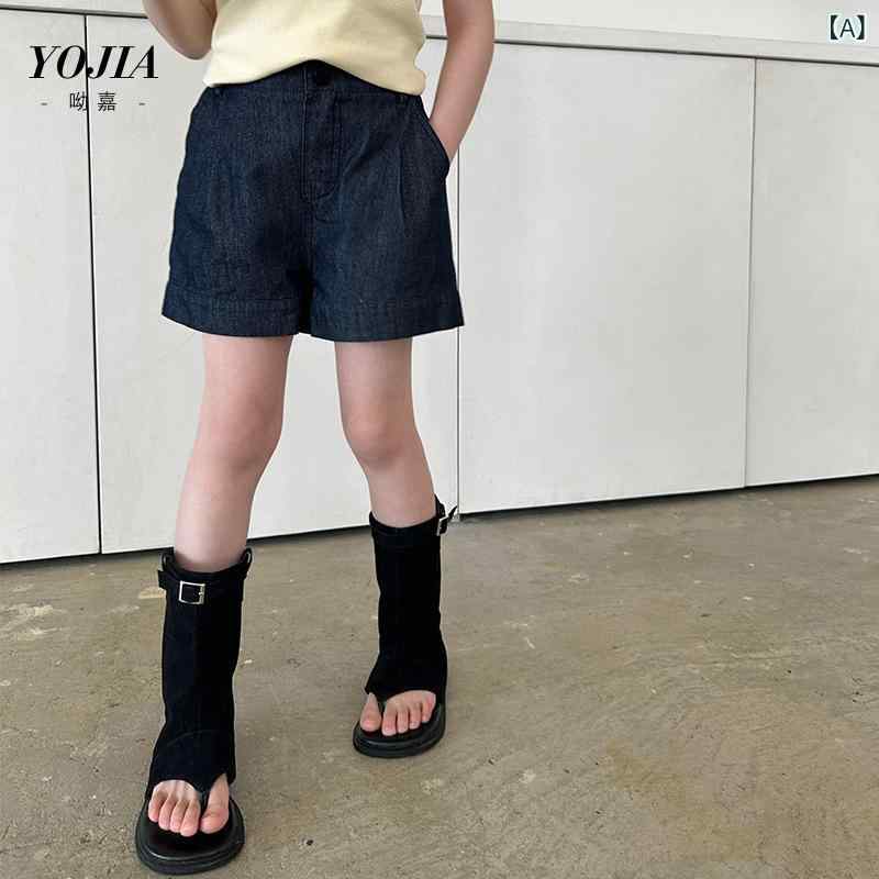 キッズ 女の子 デニム ショートパンツ 夏 春夏 休闲 5分丈 ハイウエスト 伸縮性 涤纶 深ブルー 柔軟 接触冷感 軽量 通気性 子供服 女児 普段使い アウトドア ビッグシルエット 再生繊維 吸湿速乾 高級感 動きやすい かわいい デザイン