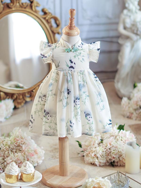 女の子 チャイナドレス ワンピース 夏 春夏 公主風 綿100% 動物プリント 短袖 軽量 かわいい ピンク系 アイボリー 3～8歳 女児 普段使い 通学 部屋着 礼服 トップス スカート セット 再生繊維 吸湿速乾 ビッグシルエット Vネック ハイウエ