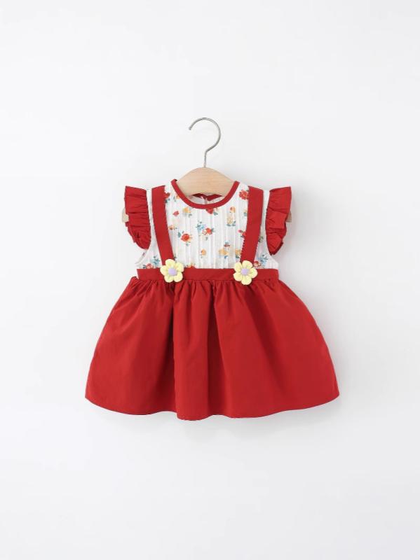 女児 ワンピース 春夏 赤 花柄 切り替え 短袖 Aライン スカート 綿 柔軟 かわいい 女の子 服 夏服 幼児 トップス ドレス プリンセス 風 軽やか 素材 吸湿 速乾 赤系 通気性 良い 日常使い 遊び着
