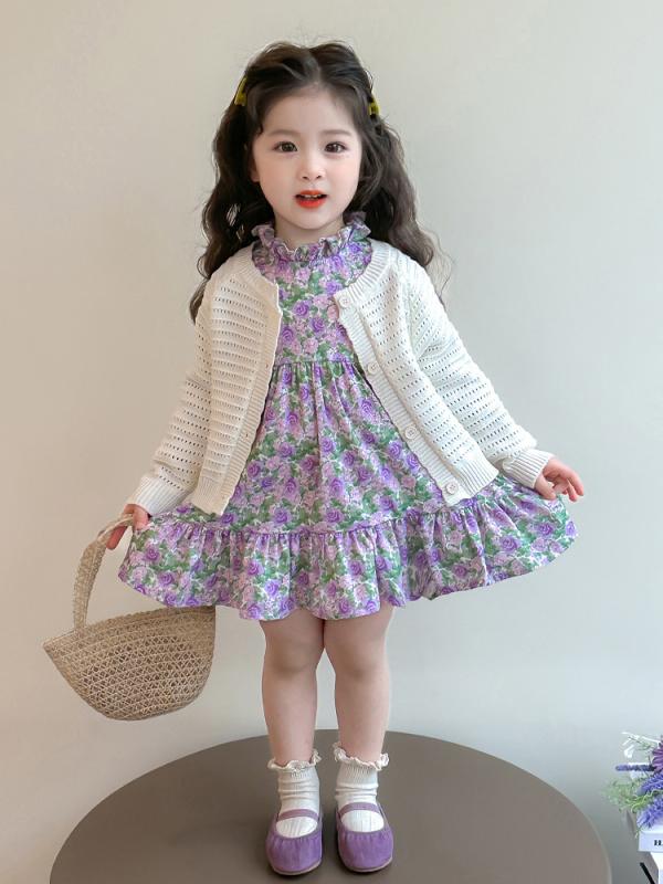 Rakuten - 女児 ワンピース セット 長袖 連衣裙 トップス 開衫 花柄 プリント 綿 素材 柔らかい 肌触り Aライン スカート 花辺 デザイン プリンセス スタイル かわいい 春夏 秋 季節 女の子 子供服 3-8歳 90-140cm 紫 ピンク ホワイト カラ